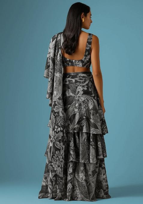 Multi Color Floral Print Chanderi Pre Draped Saree Set