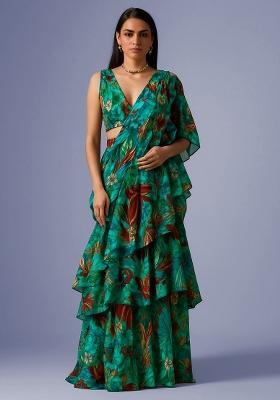 Multi Color Floral Print Chanderi Pre Draped Saree Set