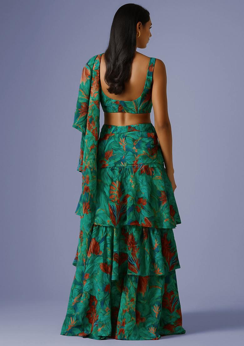 Multi Color Floral Print Chanderi Pre Draped Saree Set