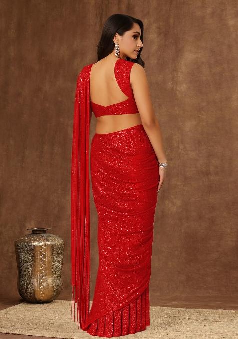 Red Embellished Net Pre Draped Saree Set