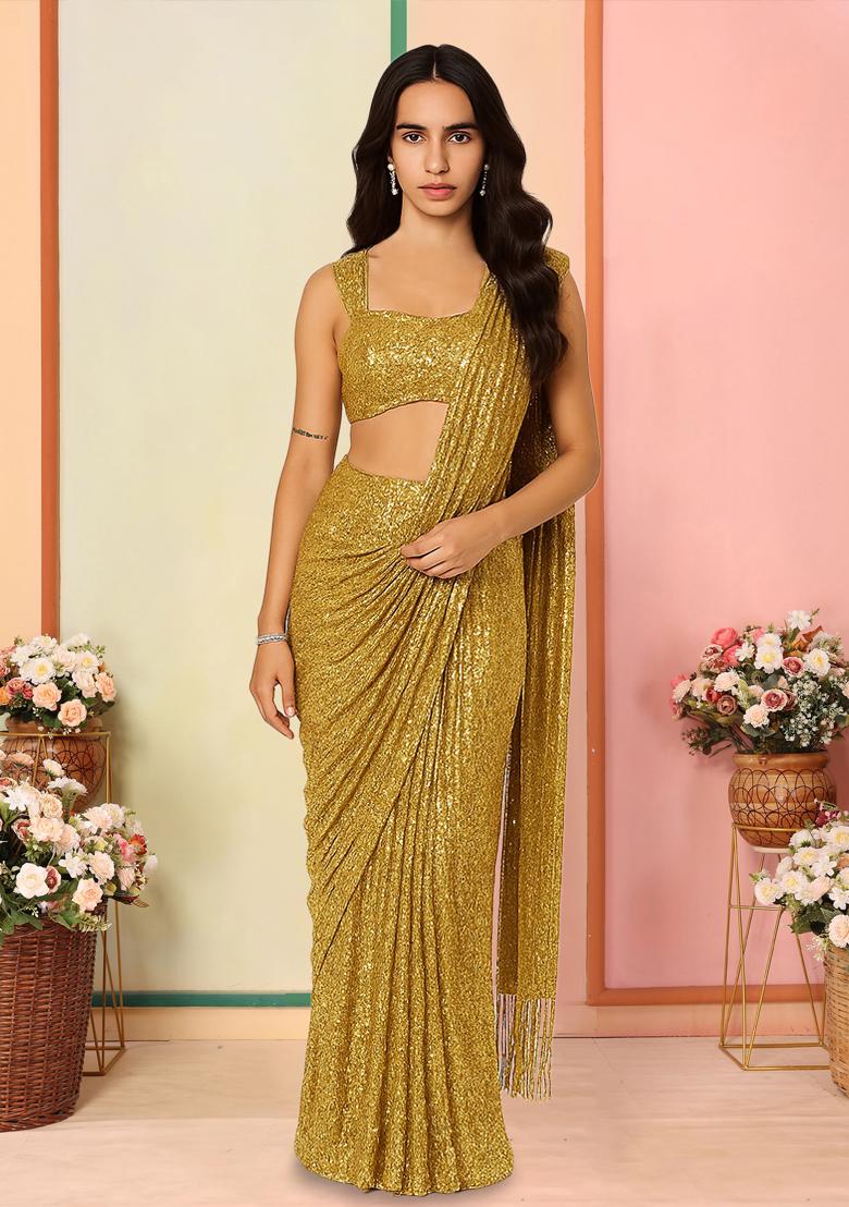Golden Embellished Net Pre Draped Saree Set
