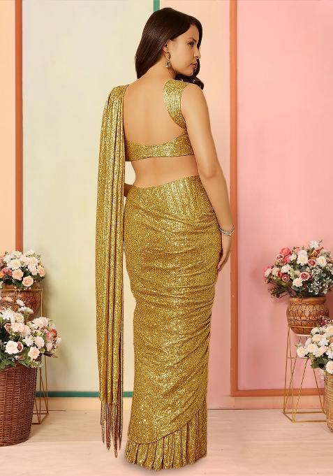 Golden Embellished Net Pre Draped Saree Set