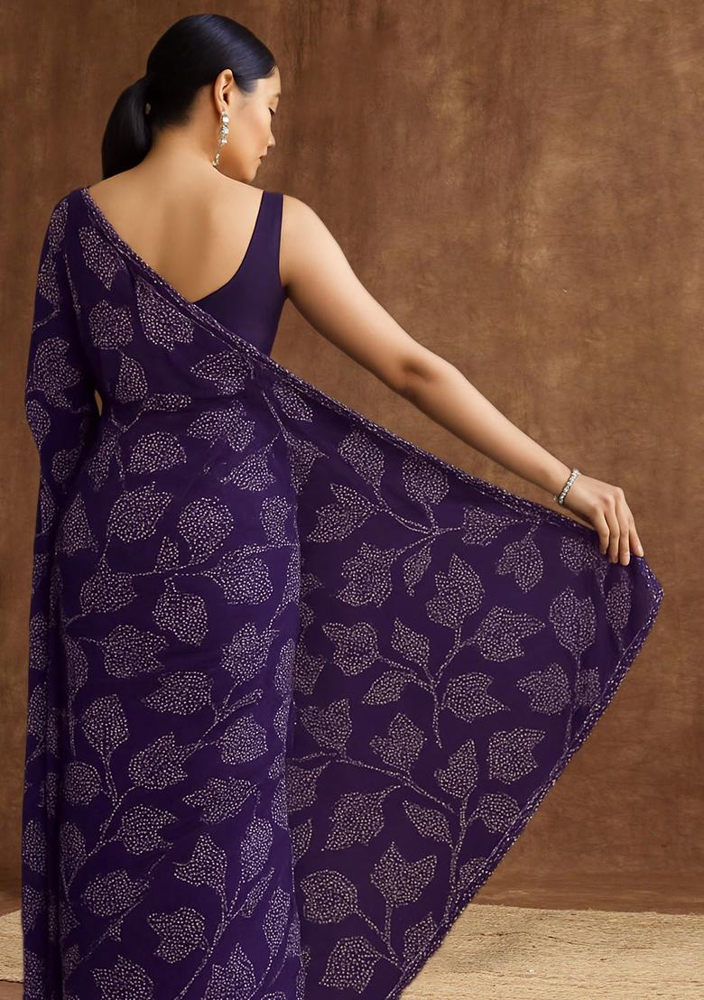 Purple Printed Chanderi Pre Draped Saree Set - Indya