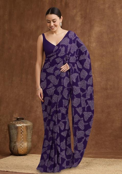 Purple Printed Chanderi Pre Draped Saree Set