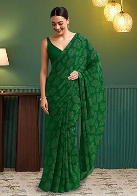 Green Printed Chanderi Pre Draped Saree Set