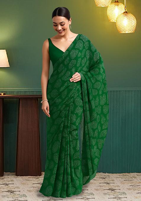Green Printed Chanderi Pre Draped Saree Set
