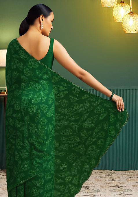 Green Printed Chanderi Pre Draped Saree Set