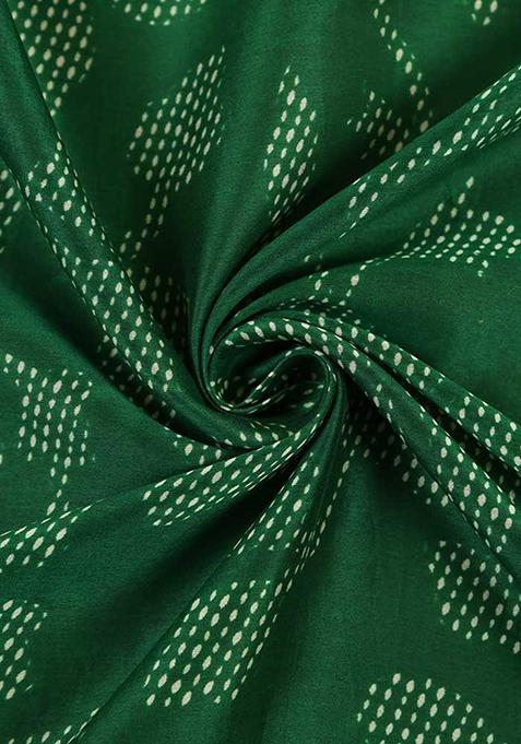 Green Printed Chanderi Pre Draped Saree Set