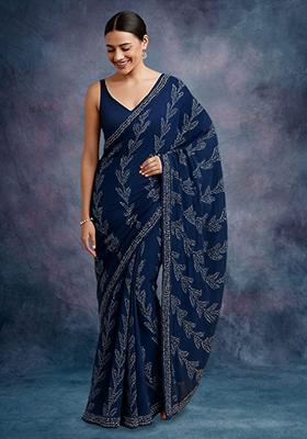 Blue Printed Chanderi Pre Draped Saree Set