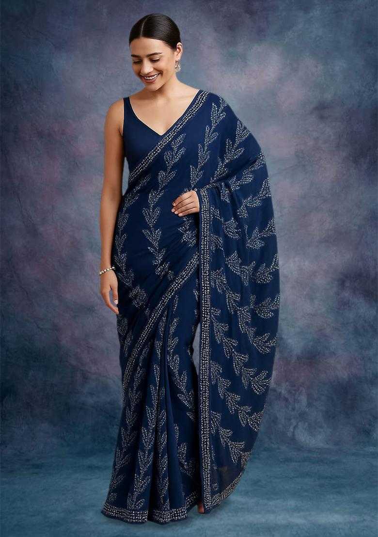 Blue Printed Chanderi Pre Draped Saree Set