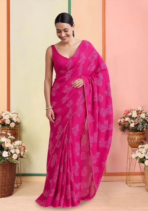 Pink Printed Chanderi Pre Draped Saree Set