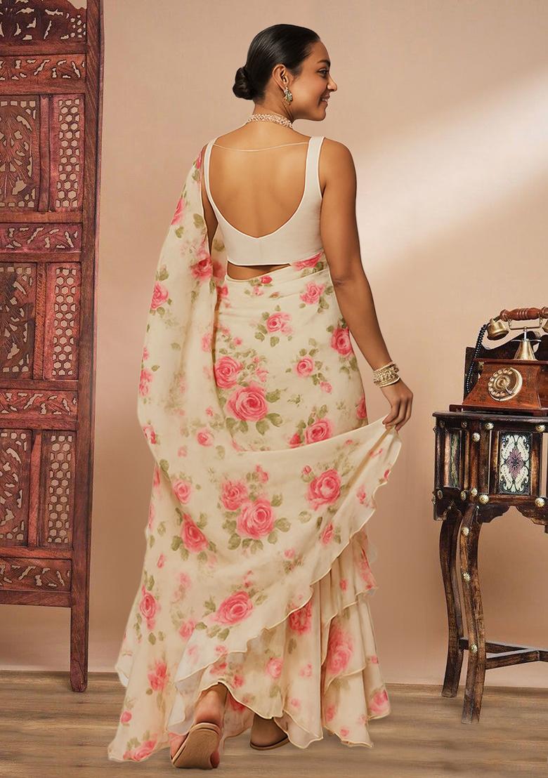 White Floral Print Georgette Pre Draped Saree Set - Indya