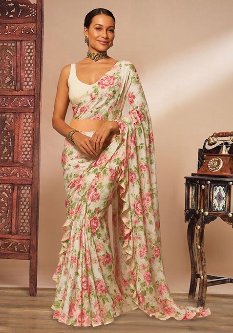 White Floral Print Georgette Pre Draped Saree Set