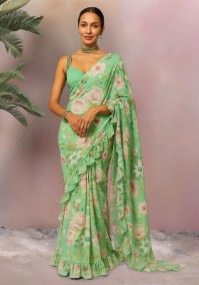 Green Floral Print Georgette Pre Draped Saree Set