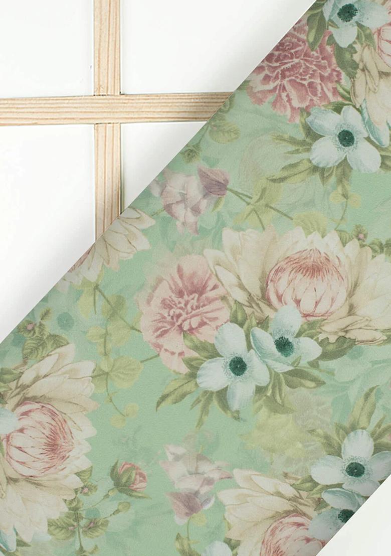 Green Floral Print Georgette Pre Draped Saree Set - Indya