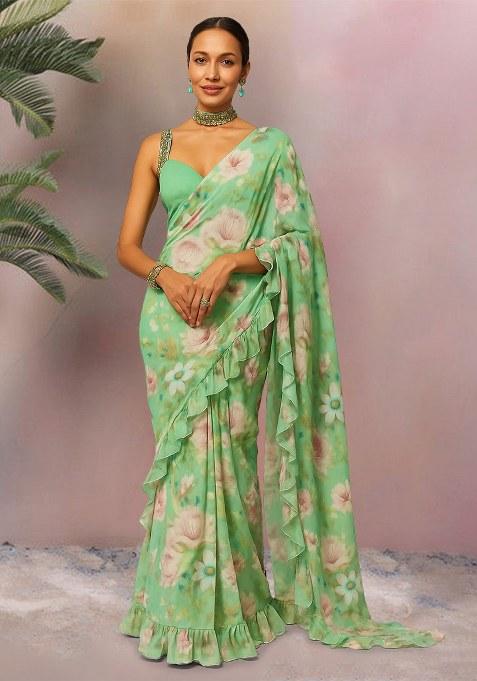 Green Floral Print Georgette Pre Draped Saree Set