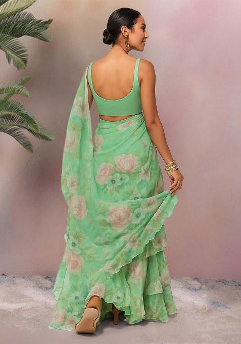 Green Floral Print Georgette Pre Draped Saree Set
