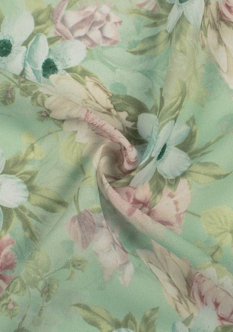 Green Floral Print Georgette Pre Draped Saree Set