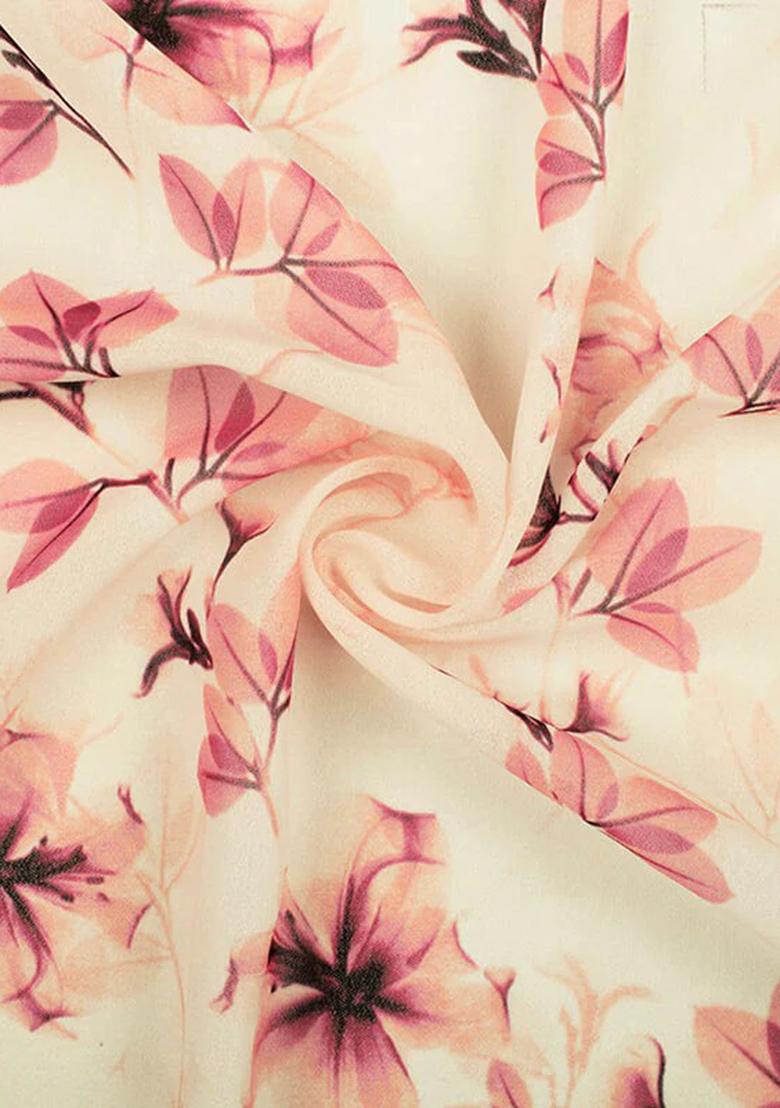 Cream Floral Print Georgette Pre Draped Saree Set