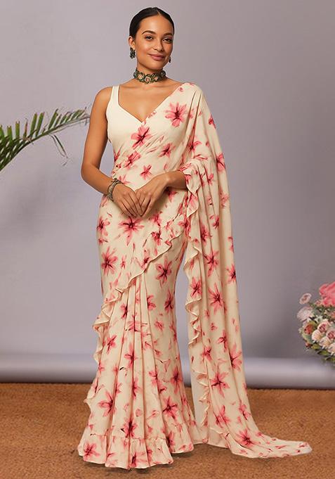 Cream Floral Print Georgette Pre Draped Saree Set