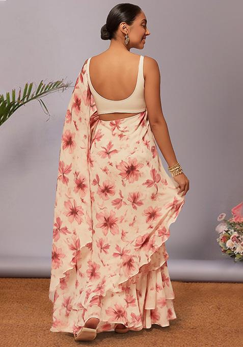 Cream Floral Print Georgette Pre Draped Saree Set