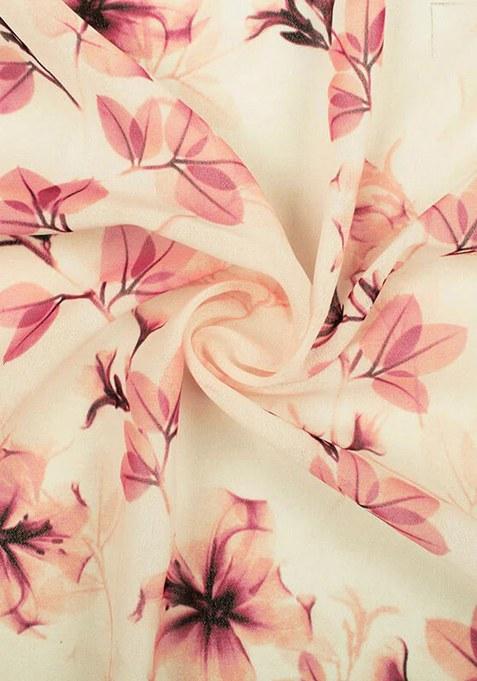 Cream Floral Print Georgette Pre Draped Saree Set