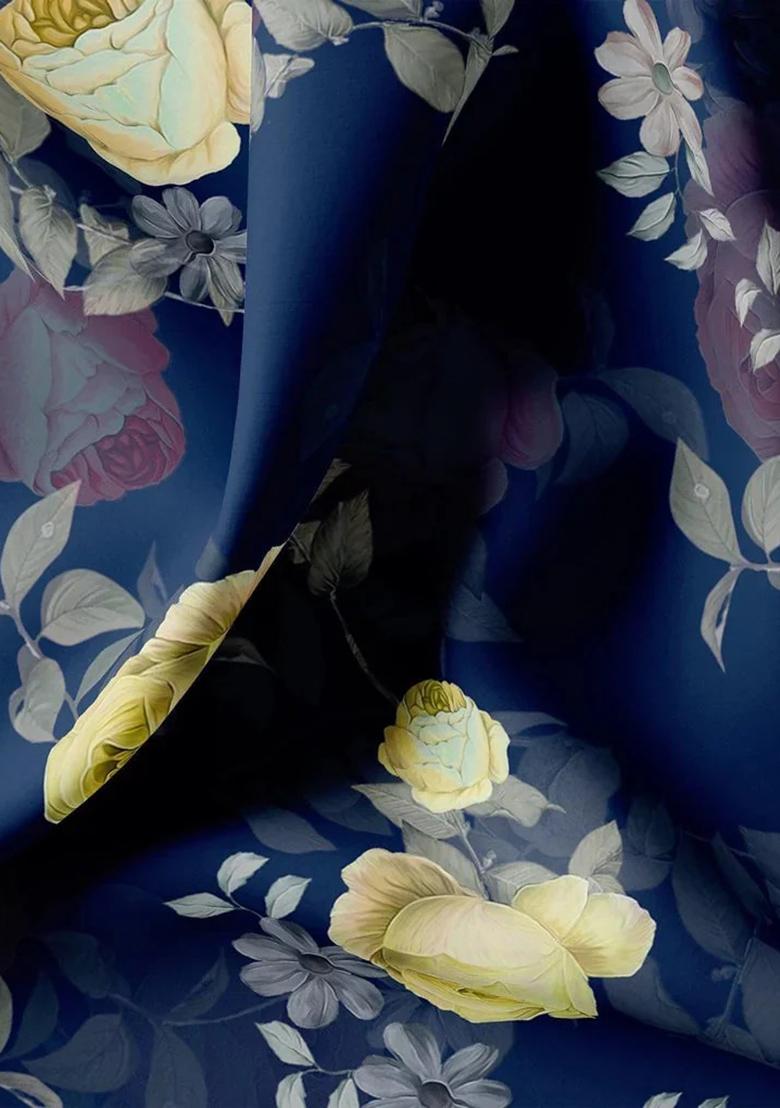 Blue Floral Print Georgette Pre Draped Saree Set