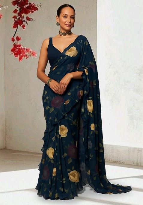 Blue Floral Print Georgette Pre Draped Saree Set