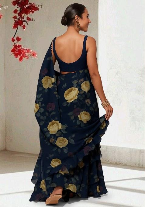 Blue Floral Print Georgette Pre Draped Saree Set