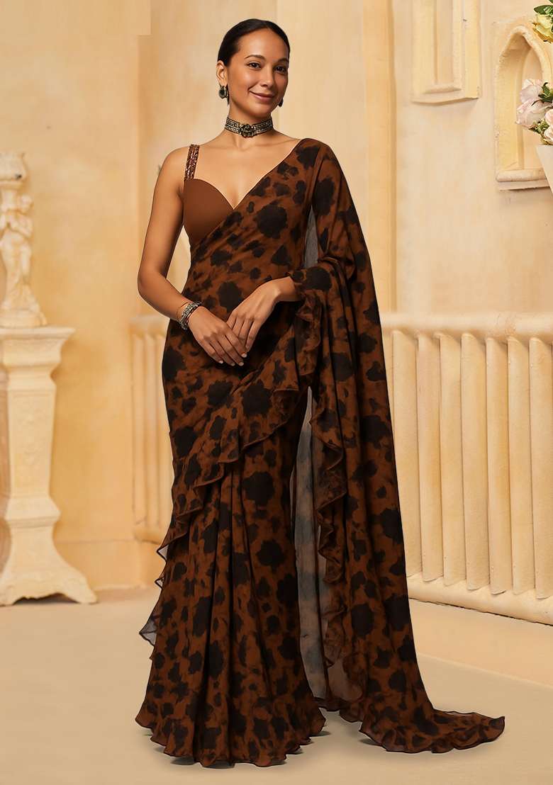 Rust Georgette Pre Draped Saree Set with Floral Print for Diwali | Wedding & Festive Wear - Indya