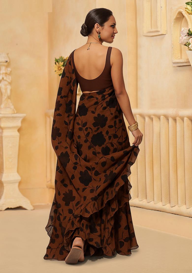 Rust Floral Print Georgette Pre Draped Saree Set - Indya