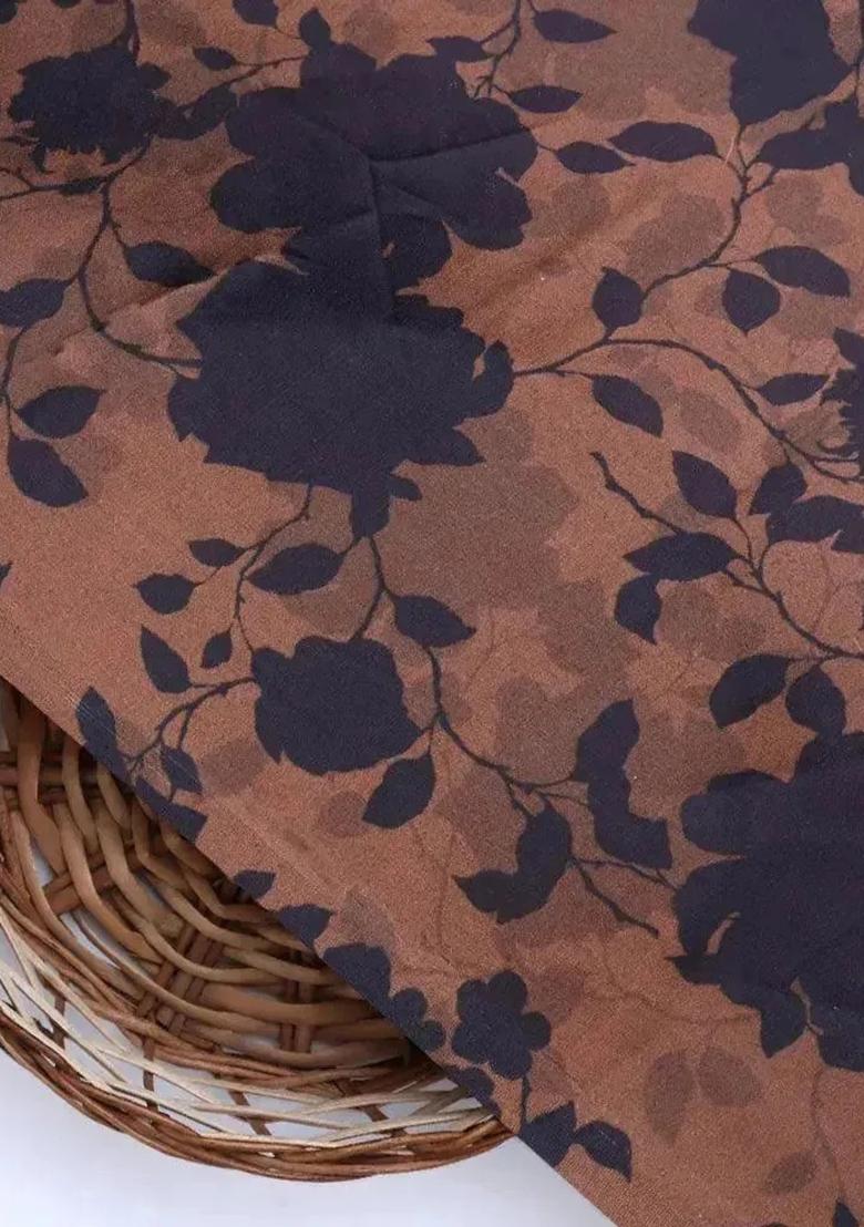 Rust Floral Print Georgette Pre Draped Saree Set - Indya