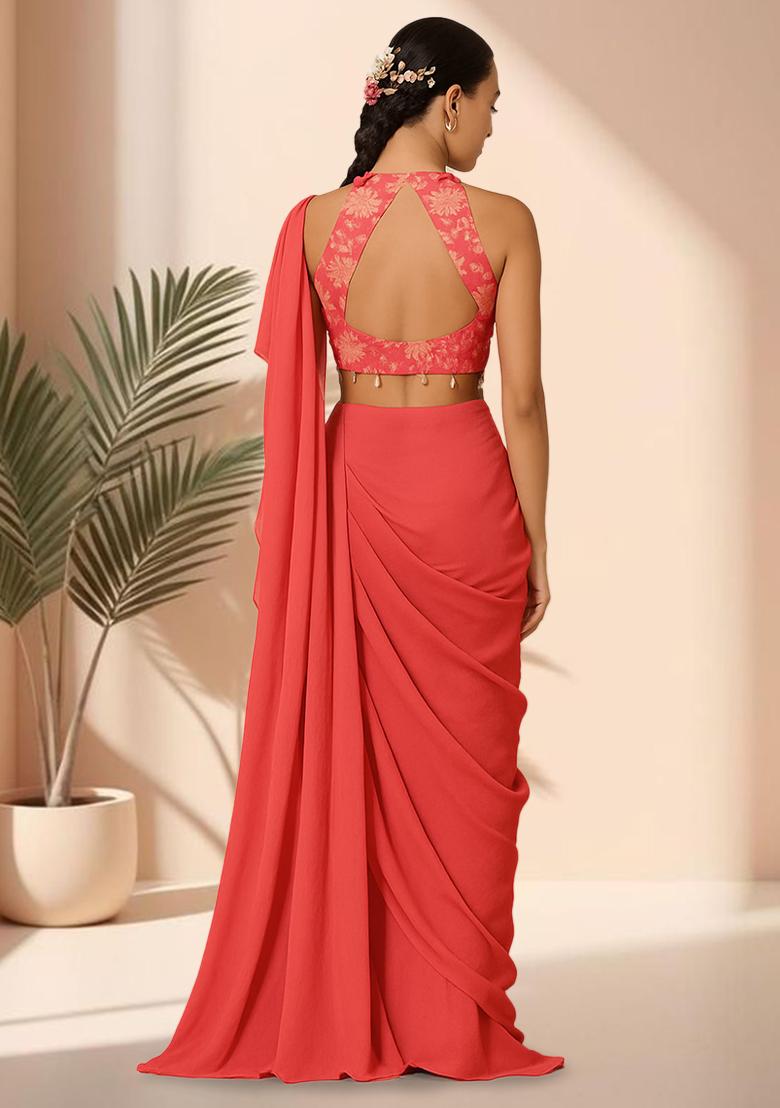 Orange Floral Print Satin Pre Draped Saree Set - Indya