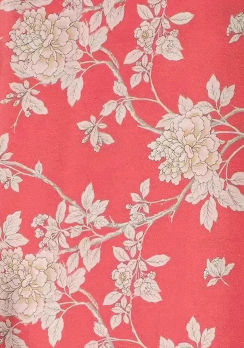 Orange Floral Print Satin Pre Draped Saree Set - Indya