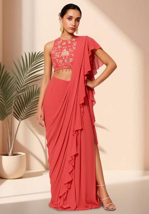 Orange Floral Print Satin Pre Draped Saree Set