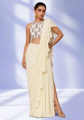White Floral Print Satin Pre Draped Saree Set