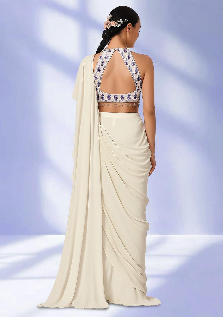 White Floral Print Satin Pre Draped Saree Set