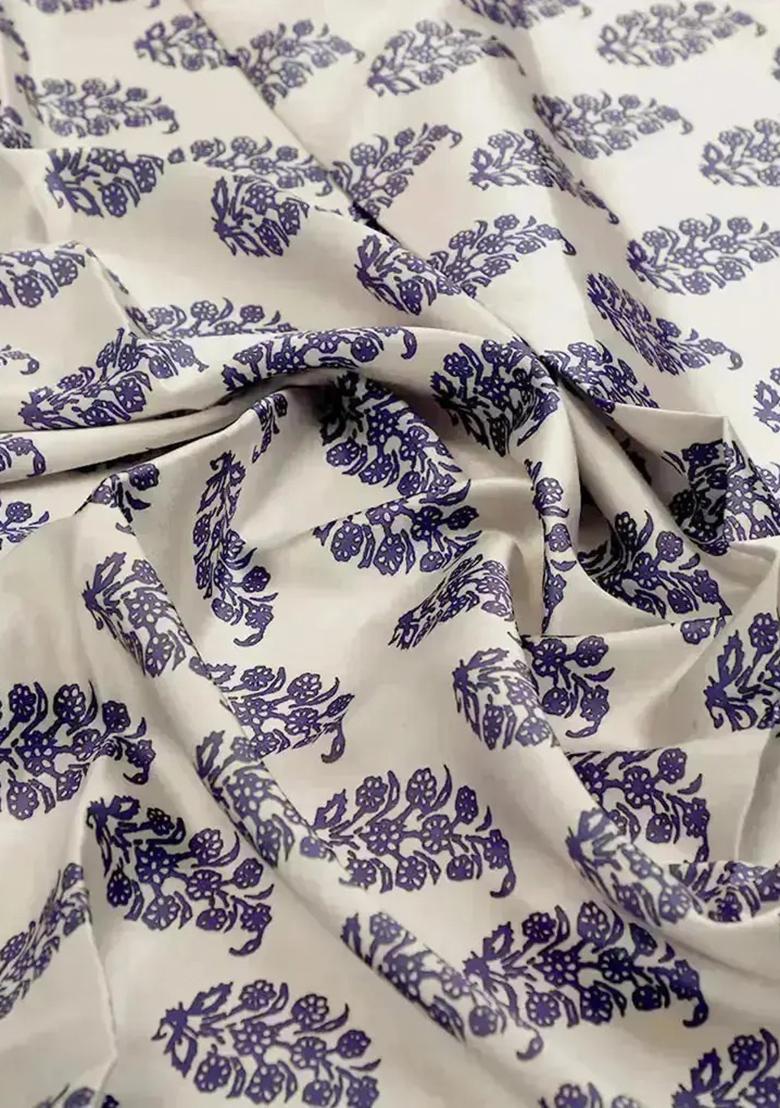 White Floral Print Satin Pre Draped Saree Set