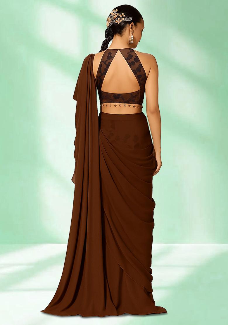 Brown Floral Print Satin Pre Draped Saree Set - Indya