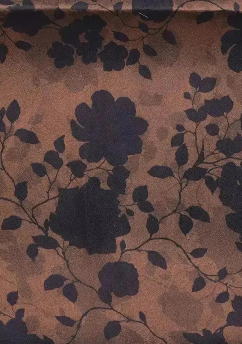 Brown Floral Print Satin Pre Draped Saree Set - Indya