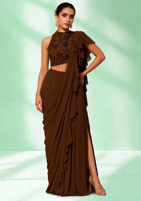Brown Floral Print Satin Pre Draped Saree Set