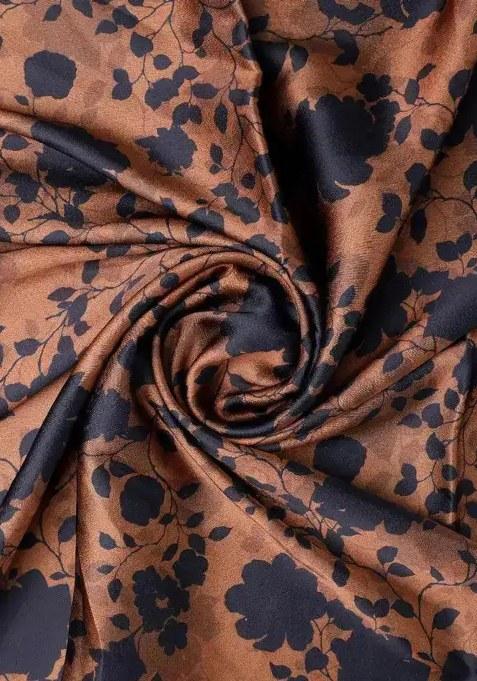 Brown Floral Print Satin Pre Draped Saree Set