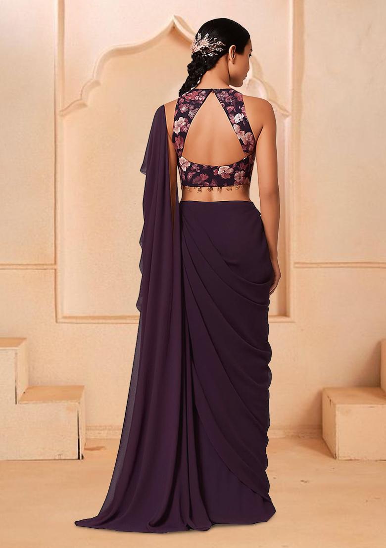 Maroon Floral Print Satin Pre Draped Saree Set