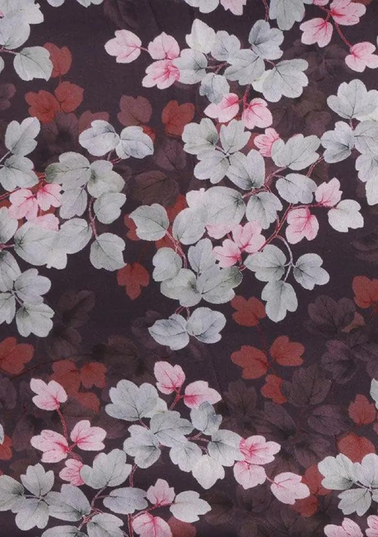 Maroon Floral Print Satin Pre Draped Saree Set