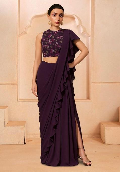 Maroon Floral Print Satin Pre Draped Saree Set