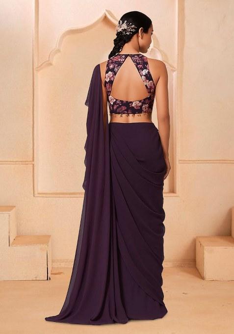 Maroon Floral Print Satin Pre Draped Saree Set