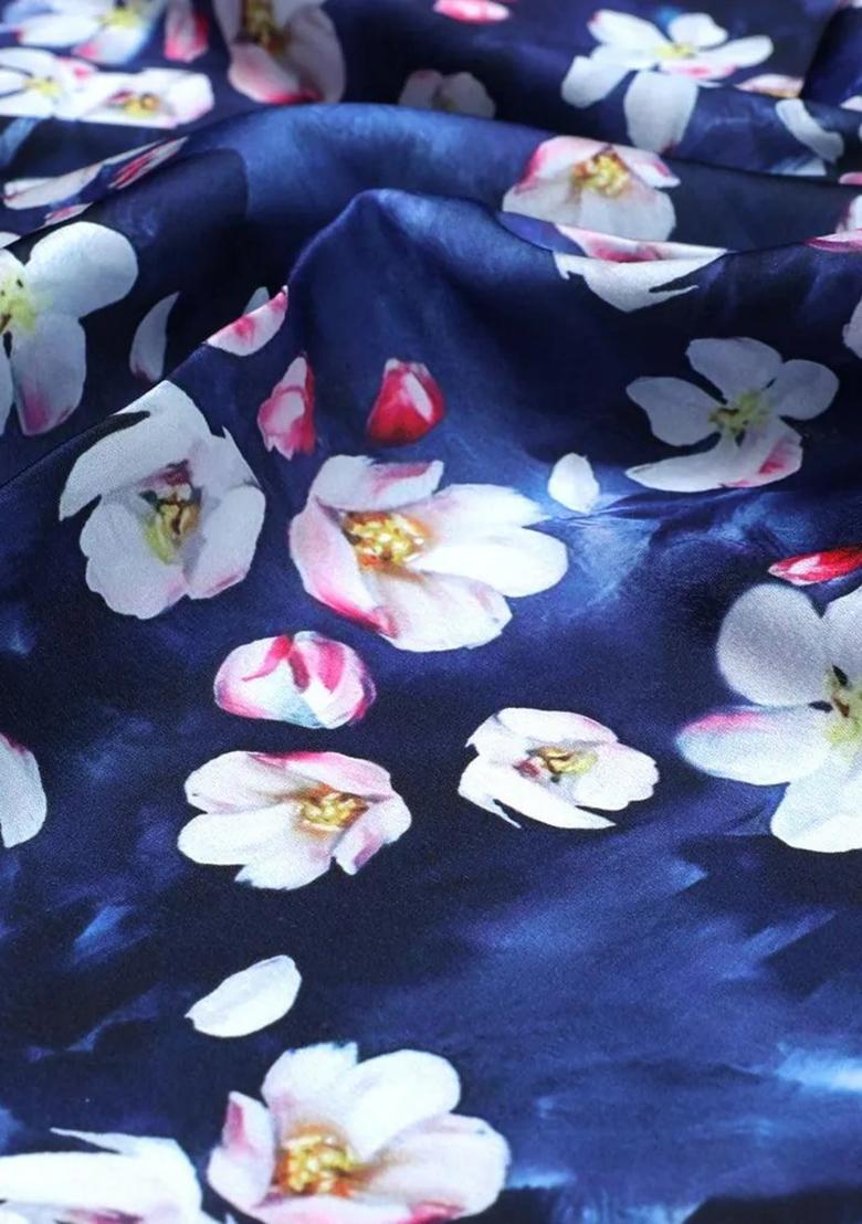 Blue Floral Print Satin Pre Draped Saree Set