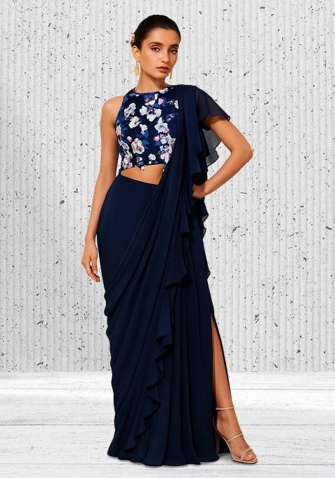 Blue Floral Print Satin Pre Draped Saree Set