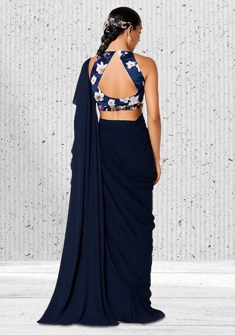 Blue Floral Print Satin Pre Draped Saree Set
