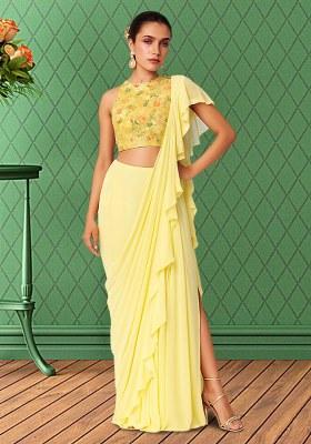 Yellow Floral Print Chiffon Pre Draped Saree Set